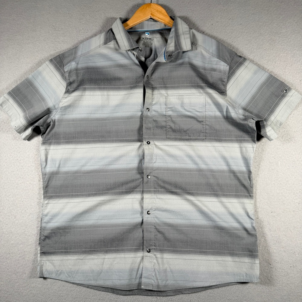 Kuhl‎ Mens Grey Striped Short Sleeve Snap Button Down Shirt 7415 XL Outdoors